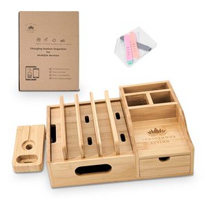 Estación de Carga de Bambú Artesanal con Soporte para Reloj y Compartimentos de Almacenamiento para Escritorio - Product Image 1