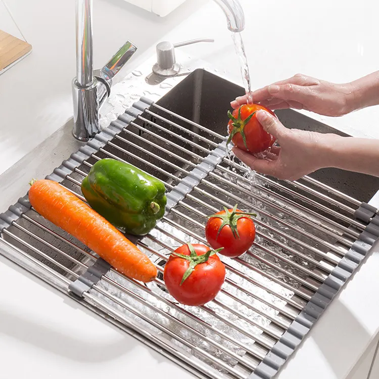 拡張可能なロールアップステンレス鋼シリコンオーガナイザー皿プレートボウルシンク乾燥ラック食器洗い可能なポットホルダードレンラック