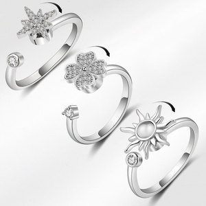 Anillo Giratorio Antiestrés, Juego de 3 Piezas, Microincrustaciones de Circonio, Cobre, Anillos Abiertos con Diseño de Flor, Joyería para Aliviar el Estrés - Product Image 1