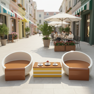 เฟอร์นิเจอร์ไฟเบอร์กลาสสำหรับใช้งานกลางแจ้งเชิงพาณิชย์ ดีไซน์สร้างสรรค์ รูปทรงถ้วยกาแฟ โต๊ะกาแฟรูปทรงเค้ก สำหรับร้านค้า - Product Image 1