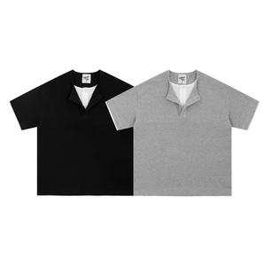 Hot New Design Two-Piece Color Blocked Round Neck Half Button Short Sleeved T-<b>Shirt</b> Trendy Brand <b>Waffle</b> Loose Men's Summer Top - Product Image 3