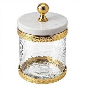 Modern Luxury <b>Glass</b> <b>Food</b> <b>Storage</b> <b>Container</b> with Marble Lid Gold Trim Cylinder Airtight Kitchen Use - Product Image 1