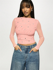 New Womens Mesh Long Sleeved Slim Solid Color <strong>T</strong> <strong>Shirt</strong> with Sequin Decoration <strong>Sparkly</strong> Party Night Out Bodycon - Product Image 2