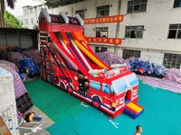 Château gonflable commercial à thème camion de pompiers avec toboggan à obstacles, parcours gonflable et toboggans secs