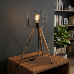 Industrial Modern Tripod Floor Lamp <b>LED</b> E27 White <b>Wire</b> Cage Shade Wood Leg Bedside Reading <b>Light</b> for Living Room Bedroom - Product Image 5