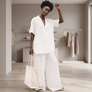Ensemble 2 pièces en lin 100 % pour femme, blanc, coupe ample, col rabattu, haut à manches courtes, pantalon large, respirant, écologique, printemps - Product Image 3