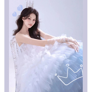 Blue Strapless Tulle Wedding Dress Empire Waist Ball Gown Sweet Princess Style Light Luxury Photography Outdoor Portrait - Product Image 5