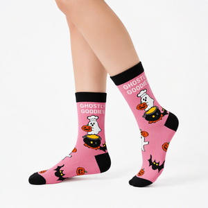 <span class=keywords><strong>Calcetines</strong></span> personalizados de Halloween con estampado de fantasma rosa, <span class=keywords><strong>calcetines</strong></span> de calabaza y murciélago, suaves, unisex, diseño OEM a granel - Product Image 3