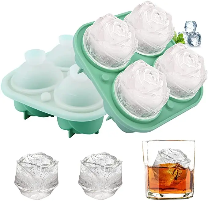 Amazon Custom Ice Cube Tray Food Grade Easy Release Stackable Silicone Rose Ice MoUlds With Lid Rose Ice Cube Mold