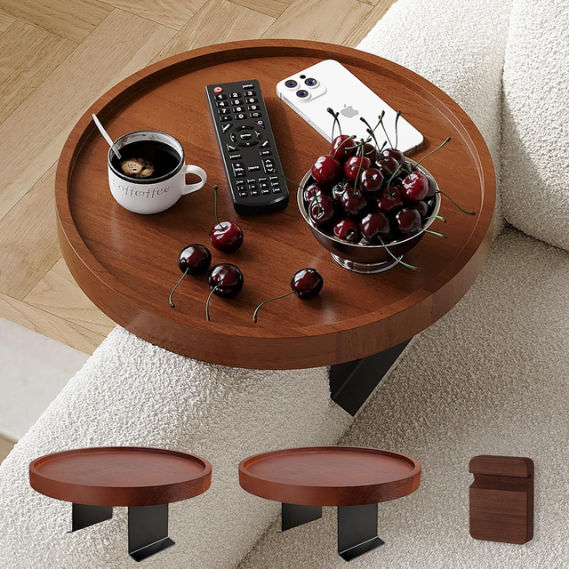 European Design 2 Sofa Arm Trays 11.8" Adjustable Natural Wood Phone Holder Table Tray Non-Slip Clip Easy Clean