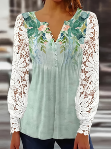 Blusa de Talla Grande para Mujer, Primavera, Verano, Otoño, con Encaje, Mangas Largas, Cuello en V con Muescas, Botones al Frente, Informal, para Uso Diario - Product Image 2