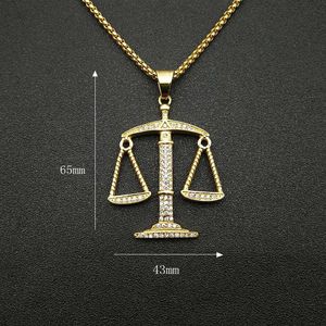 Collier Pendentif Zodiaque Balance en Acier Inoxydable Plaqué Or avec Sertissage Pavé, Chaîne 3mm 61cm, Bijoux Hip Hop - Product Image 3