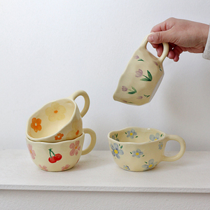 Korea Style Hand Painted Flower Coffee Mug Exquisite Irregular <b>Ceramic</b> Latte <b>Cup</b> - Product Image 3