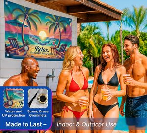 Bandiera in poliestere monofacciale 3x5 piedi con 4 occhielli in ottone - Design 'Relax It's Always Five O'Clock' Tramonto Tropicale Amaca Spiaggia - Product Image 4