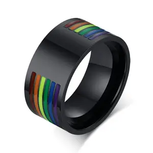 Moda gökkuşağı yüzük siyah gümüş emaye paslanmaz çelik eşcinsel lezbiyen gurur yüzük için Unisex