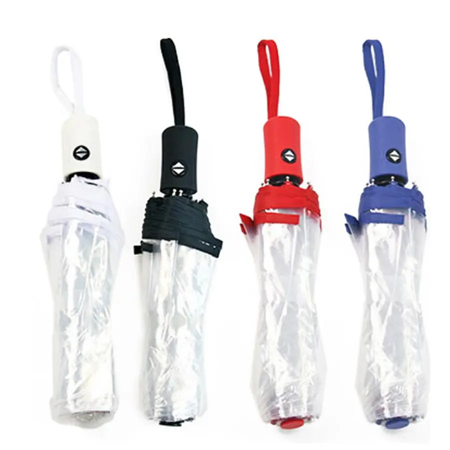 Wholesale 3 folding automatic open and close transparent retractable bubble clear umbrella with piping