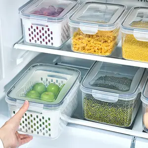 Caja de almacenamiento de refrigerador de cocina, caja de sellado de plástico de doble capa con cesta de drenaje, para el hogar, superventas