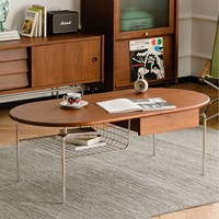 Table basse en bois massif de style nordique, petite table d'appoint ovale avec tiroirs en acier inoxydable pour salon, table de style mi-siècle pour B&B