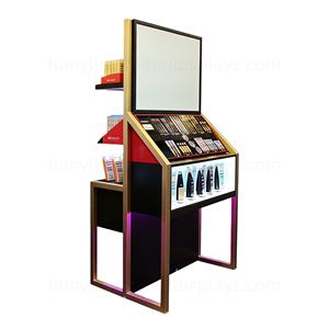 Luxury Illuminated <b>Makeup</b> Display Stand with <b>Mirror</b> & Cabinet Double Sided Metal Showcase for Cosmetics Retail Store - Product Image 2