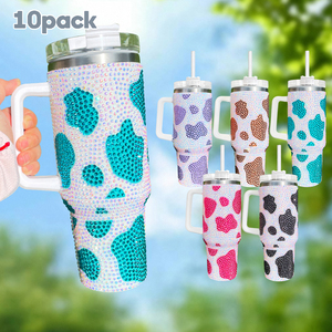 20PACK US Warehouse RTS Super Sparkly stainless steel <strong>Cowprint</strong> rhinestone bling studded mugs tumblers 40oz with handle - Product Image 2