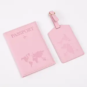 Suporte de manga para passaporte em couro PU com etiqueta de bagagem para viagens com mapa personalizado de fábrica