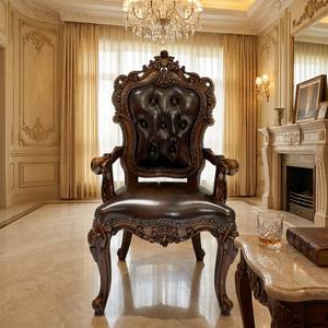 <span class=keywords><strong>Chaise</strong></span> de salle à manger en cuir de vachette de style européen avec accoudoirs sculptés en bois massif, petite table pour salon, mobilier de maison, garantie 5 ans - Product Image 3