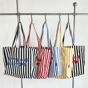 Vente en gros de sacs cabas en toile de coton réutilisables à rayures bleues et blanches pour étudiants de grande capacité, avec logo <span class=keywords><strong>personnalisé</strong></span> imprimé - Product Image 2
