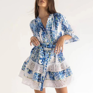 2024 Vintage <b>Bohemian</b> Single-Breasted Button Mix Colors Womens Chiffon Eco-Friendly A-Line Mid-Length Sleeve Short <b>Dress</b> Blue - Product Image 1