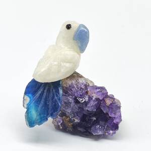 Sculpture de perroquet en agate bleue/calcite blanche/agate bleue/améthyste - Product Image 1