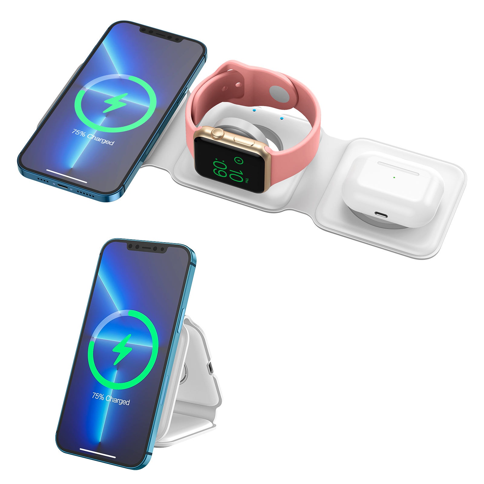 Trending Electronic Gadgets 3 in 1 Foldable Smart Watch Earphone Phone Wireless Charger Holder