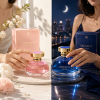 Flacon de parfum en verre transparent avec col doré et emballage assorti