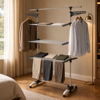 Séchoir à linge pliable Dreamland en acier inoxydable, 4 niveaux, mobile, robuste, pour intérieur et extérieur, avec ailes