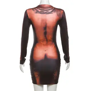 New Arrivals Long Sleeve 3D Printed Casual Dress Bodycon Mini Dress Trendy O Neck Slim Dress