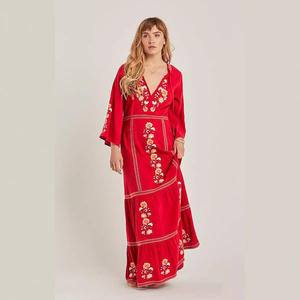 Kadın uzun kollu meksika işlemeli çiçek pileli Maxi gevşek kokteyl yeni Bohemian tatil tarzı v yaka moda elbise - Product Image 1