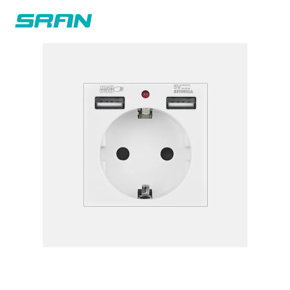 Sran Euro Usb Wall Socket 220v With Usb Port 5v 2.1a White Pc Panel Smart Led Indicator 86mm*86mm Steckdosen Socket