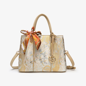 Sac fourre-tout élégant en PU beige portable avec broderie florale jacquard, sac à bandoulière pour femme, fermeture ouverte, logo personnalisé - Product Image 5