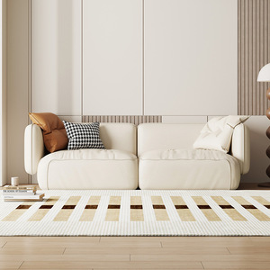 Three Seater <b>Cream</b> Leather <b>Sofa</b> Straight Square Shape Upholstered Foam Filling Modern Living Room Furniture - Product Image 4