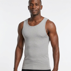 Camiseta sin mangas gris para hombre con logo personalizado, tejido acanalado, estilo musculoso, chaleco de gimnasio, camiseta interior de fitness, venta al por mayor, OEM - Product Image 3