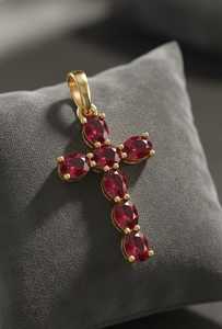 Pendentif croix en or 14 carats avec rubis et émeraudes naturels ou cultivés en laboratoire, design ovale - Product Image 2