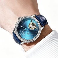 Erkekler Sky Dial Otomatik Mekanik Saat 44MM Büyük Kadran Vintage Kazınmış Çerçeve İskelet Oyuk Bilek Saati Deri ve Çelik Kordon