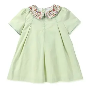 Vestido de verão verde para meninas de 1 a 6 anos, vestido floral de algodão verde para meninas de 1 a 6 anos, roupas de gola de Peter Pan