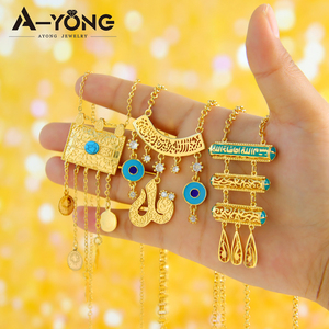 Collana con ciondolo in oro 18k Islam con lettera arabica zircone turchese regolabile collana lunga da donna - Product Image 2