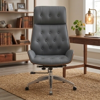 Chaise de bureau ergonomique de style mid-century moderne en bois courbé, cuir PU, mousse moulée, base en alliage d'aluminium, pour la maison, le bureau, l'atelier, chaise de direction fixe