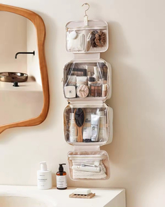 Luxury PU Leather Hanging <b>Makeup</b> <b>Bag</b> 4 <b>Compartments</b> Waterproof Travel Toiletry <b>Bag</b> <b>with</b> Handle - Product Image 6