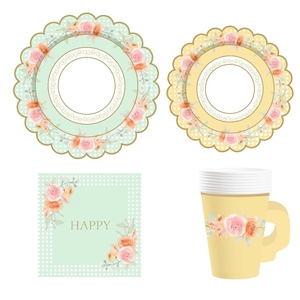 ชุดถ้วยน้ำชา จานรอง กระดาษเช็ดปาก ถ้วยชาและจานรองพร้อมหูจับ สำหรับงานเลี้ยงวันเกิดเจ้าหญิง ตกแต่งงานฉลองวันเกิดเด็ก ลายดอกไม้ - Product Image 2