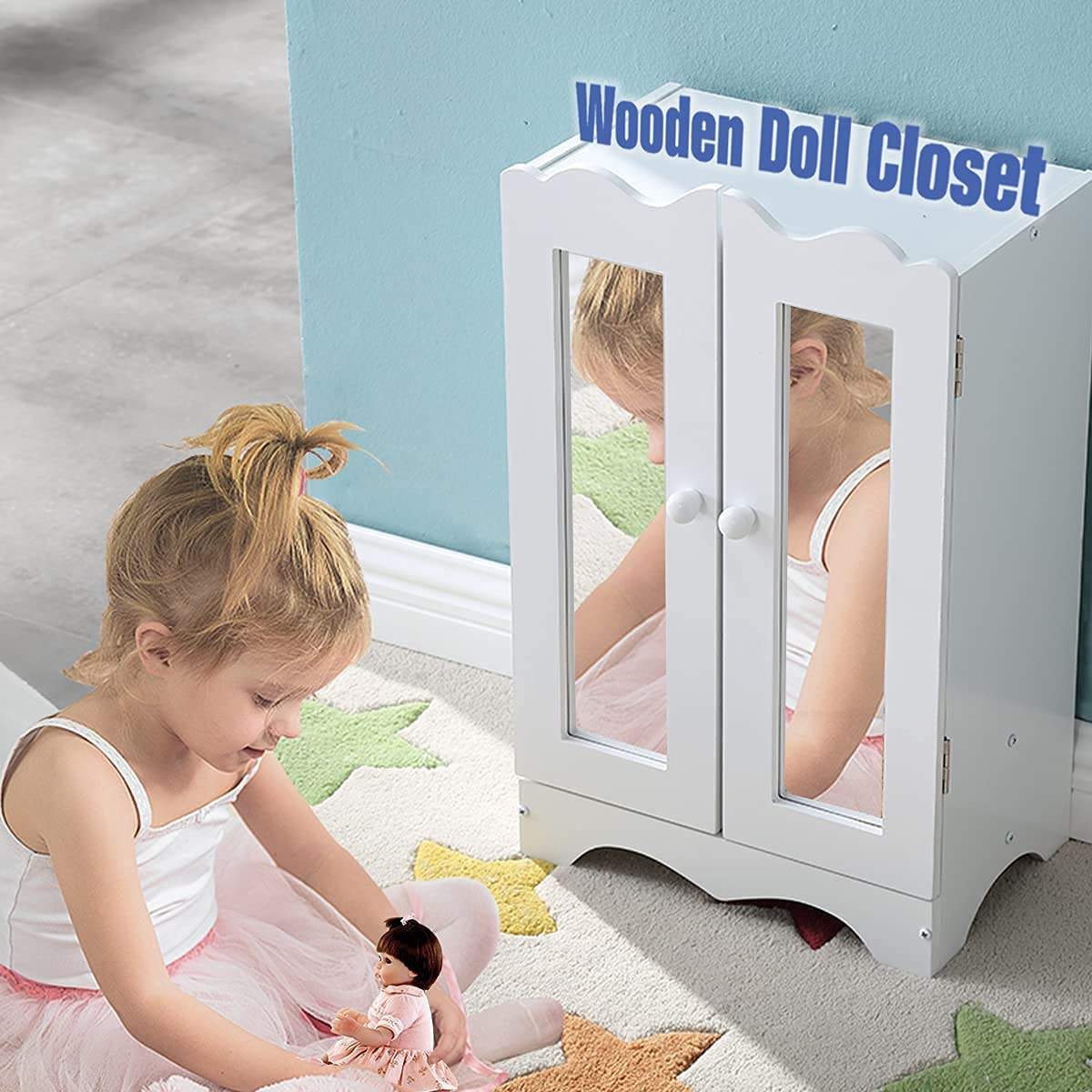 Doll Armoire Elegant White Wooden Closet for 45cm Dolls