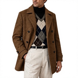 Abrigo de lana de doble botonadura para hombre, con solapa con muescas, manga larga y gruesa, tejido de lana, color marrón. - Product Image 1