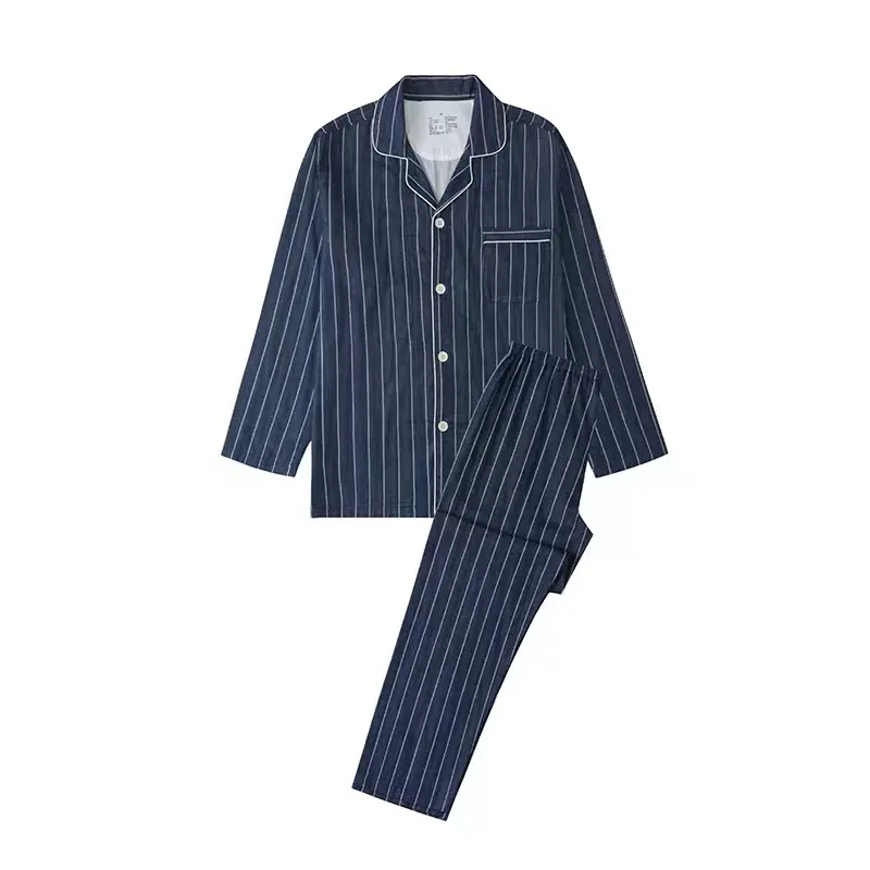 OEM Cotton Striped Long Sleeve 2 Pieces Night Dress For Men Korean Pajamas
