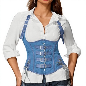 Women Blue Overbust <b>Corset</b> Shapewear Buckle Strap Side <b>Lace</b> <b>Up</b> Waist Trainer Bustier <b>Top</b> - Product Image 1