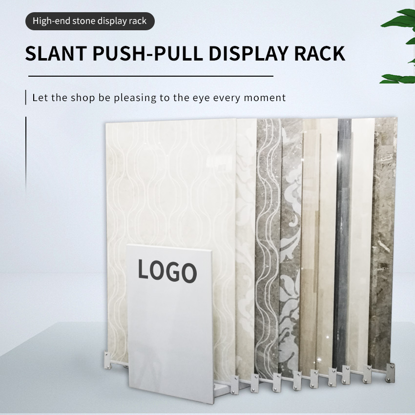 Tsianfan Wholesale Pull-Push Reclining Stone Display Stand Metal Wooden Floor Artificial Quartz Marble Tile Display Rack